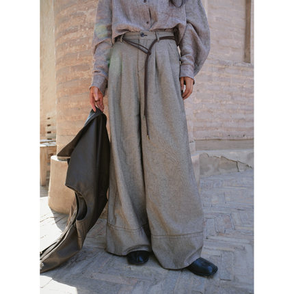 COMOS CMS 2026新款小众气质设计感斜纹系带阔腿高腰百搭休闲裤女