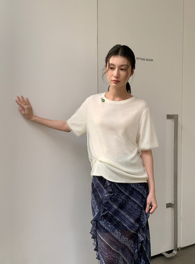 NEIHE内赫 2026天丝亚麻喷绘毛织网纱短袖T恤女春夏新款小衫