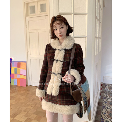 BENYAN本言 2025气质千金风羊羔毛拼接牛角扣外套+半身裙两件套