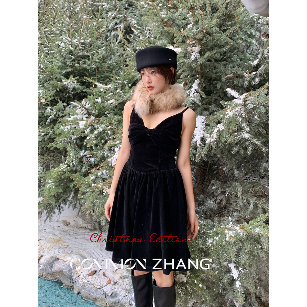 CZ ZHANG 2025秋冬金丝绒V领吊带连衣裙女名媛氛围感年会礼服裙