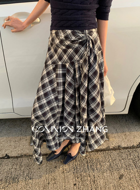 CZ ZHANG 2026早春不规则高腰复古格子半身裙女拼接A字休闲长裙