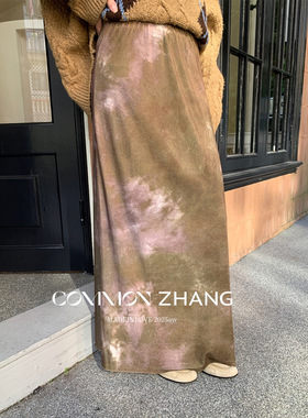 CZ ZHANG 2025秋冬复古印花直筒半身裙女百搭休闲包臀一步长裙