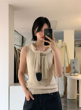 SROOM 2026早春款U领针织背心韩版修身纯色打底衫女内搭无袖上衣