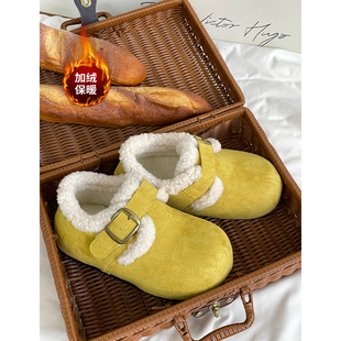 黄色毛毛勃肯鞋女加绒百搭厚底雪地棉鞋包头保暖懒人鞋外穿毛绒鞋