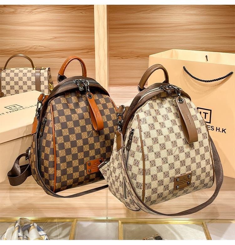 香港正品双肩包女士2023新款高级感真皮书包设计感格纹单肩背包潮