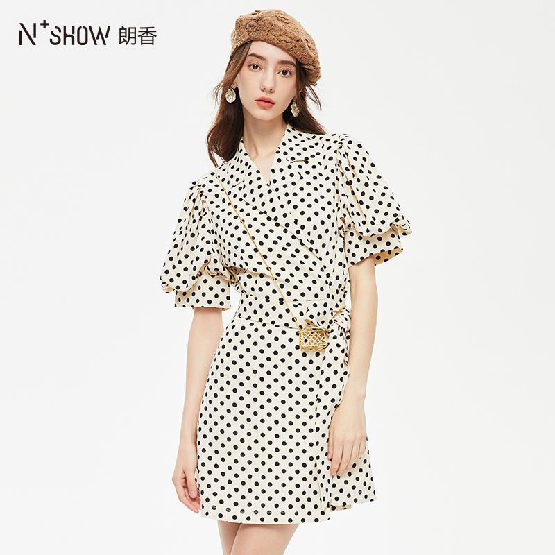 NOWSHOW朗香夏季新品法式复古波点泡泡袖收腰轻熟风连衣裙232030