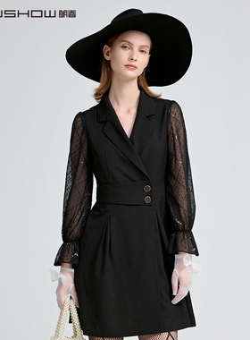 NOWSHOW朗香秋季新品黑色网纱拼接长袖西装领连衣裙213110