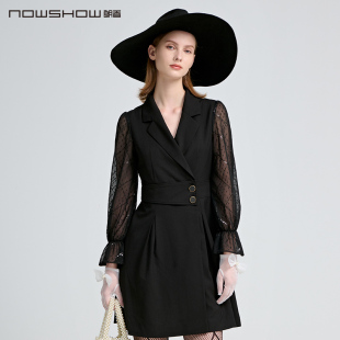 NOWSHOW朗香秋季 黑色网纱拼接长袖 西装 领连衣裙213110 新品