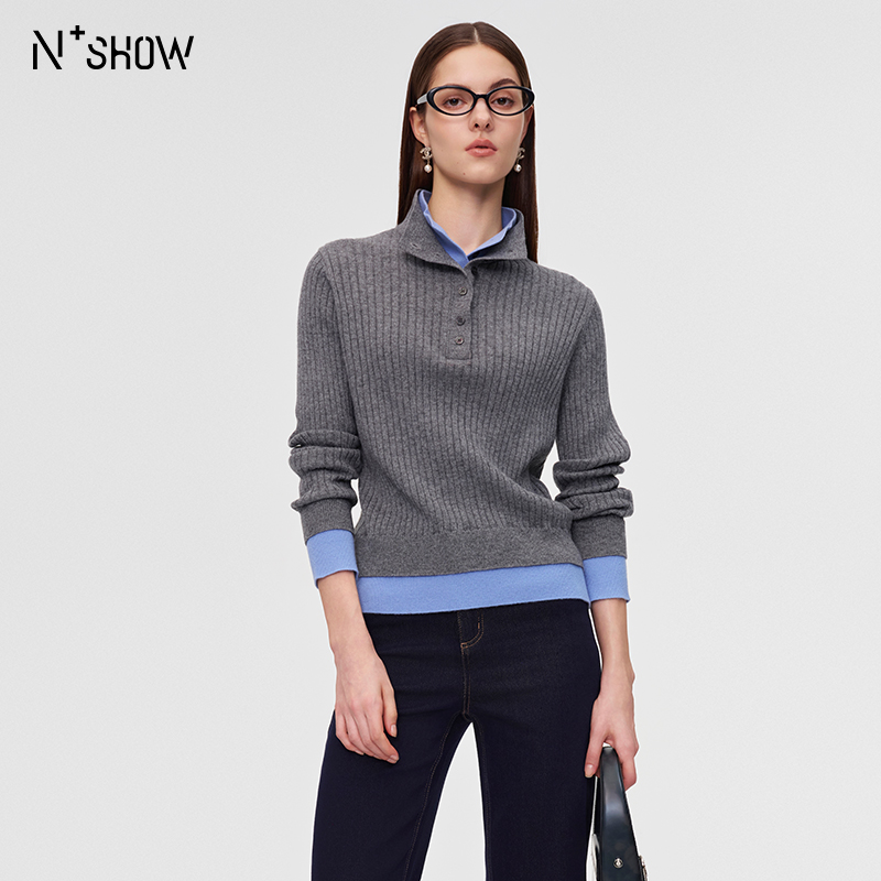 朗香冬季深灰叠蓝色假两件羊毛衫