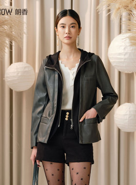 NOWSHOW朗香春季新品灰色PU拼接连帽短外套241081