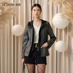 NOWSHOW朗香春季新品灰色PU拼接连帽短外套241081