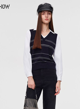 NOWSHOW朗香25秋季新品藏青色学院风假两件小衫253007