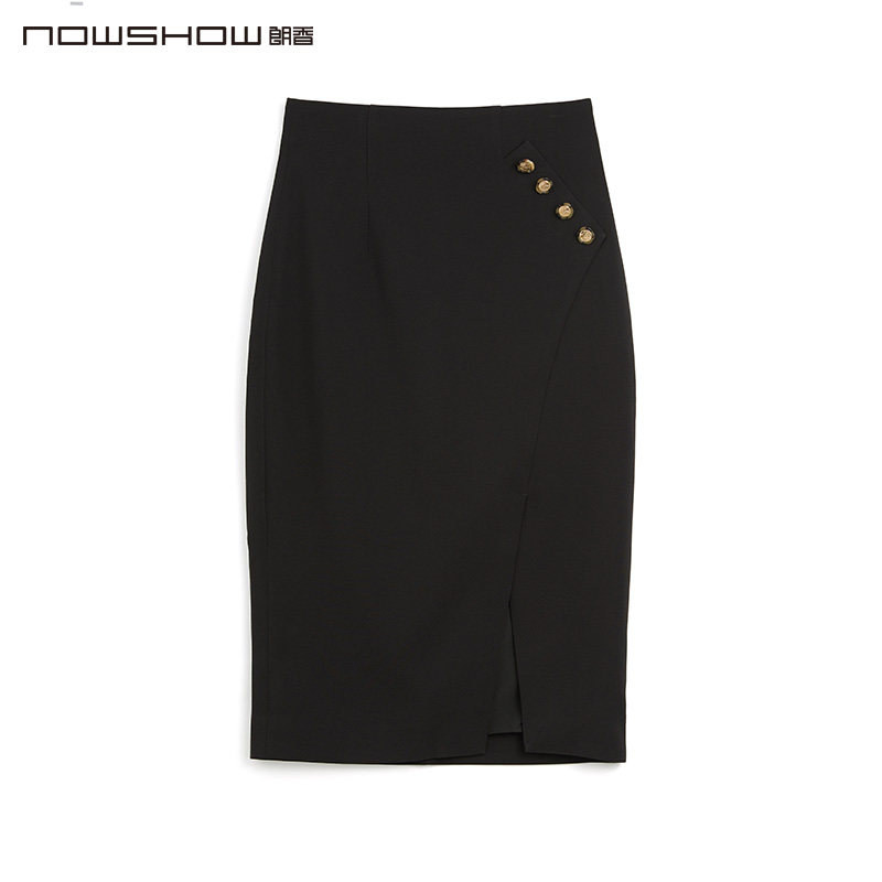 nowshow朗香黑色高腰开叉气质包臀半身裙213006