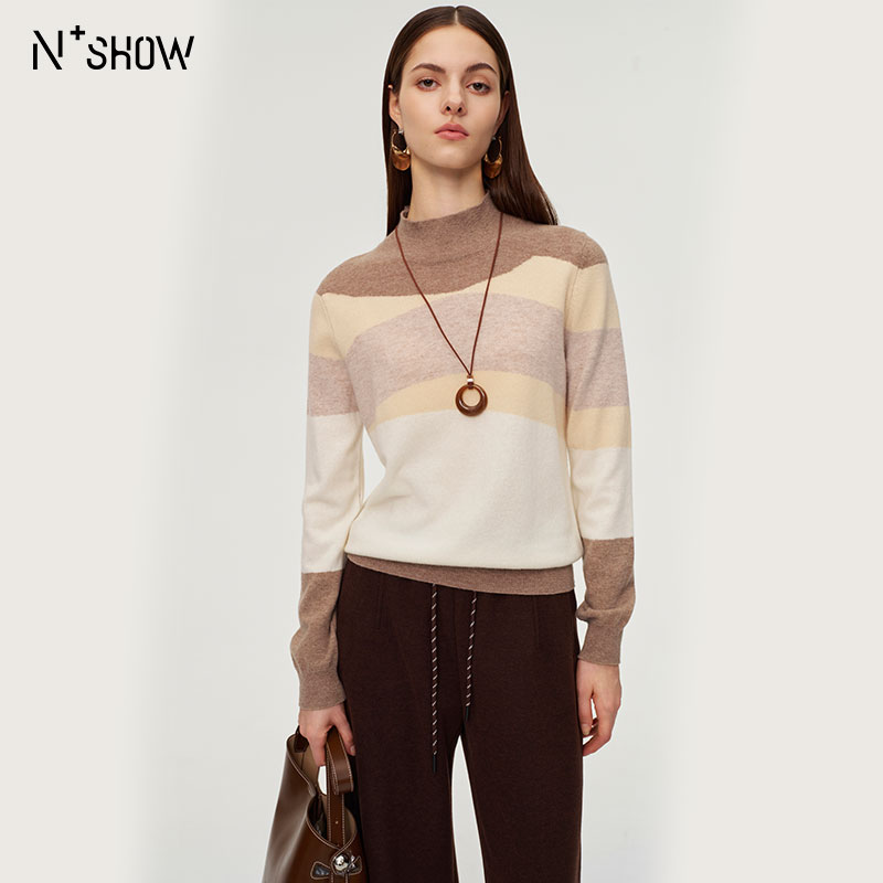 朗香半高领羊毛衫三色拼简约毛衫