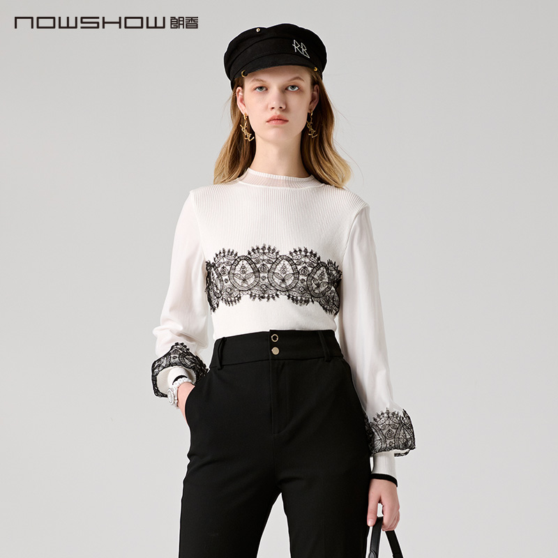 nowshow朗香白色蕾丝拼接针织衫