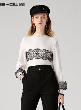 NOWSHOW朗香秋季新品白色蕾丝拼接针织衫213063