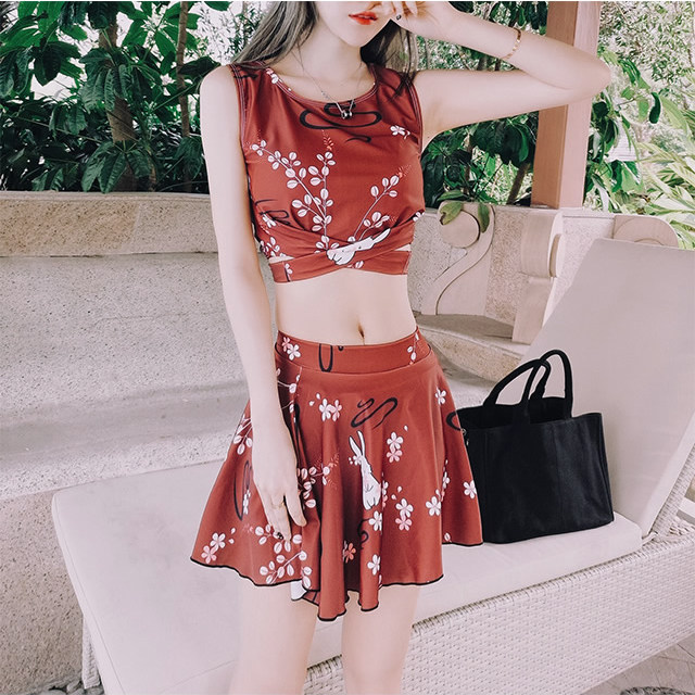 甜美少女游泳衣女高腰裙式保守遮肚显瘦小胸学生可爱泳装平角裤