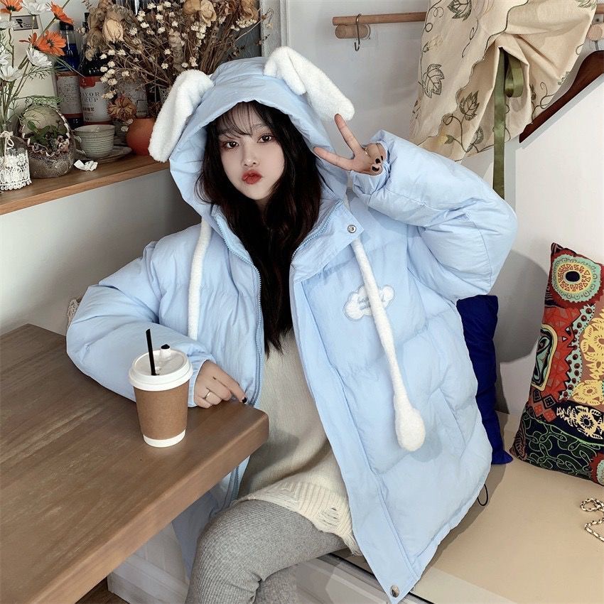 会动兔耳朵棉衣女外套2025冬季新款加厚宽松连帽棉服小众设计款潮