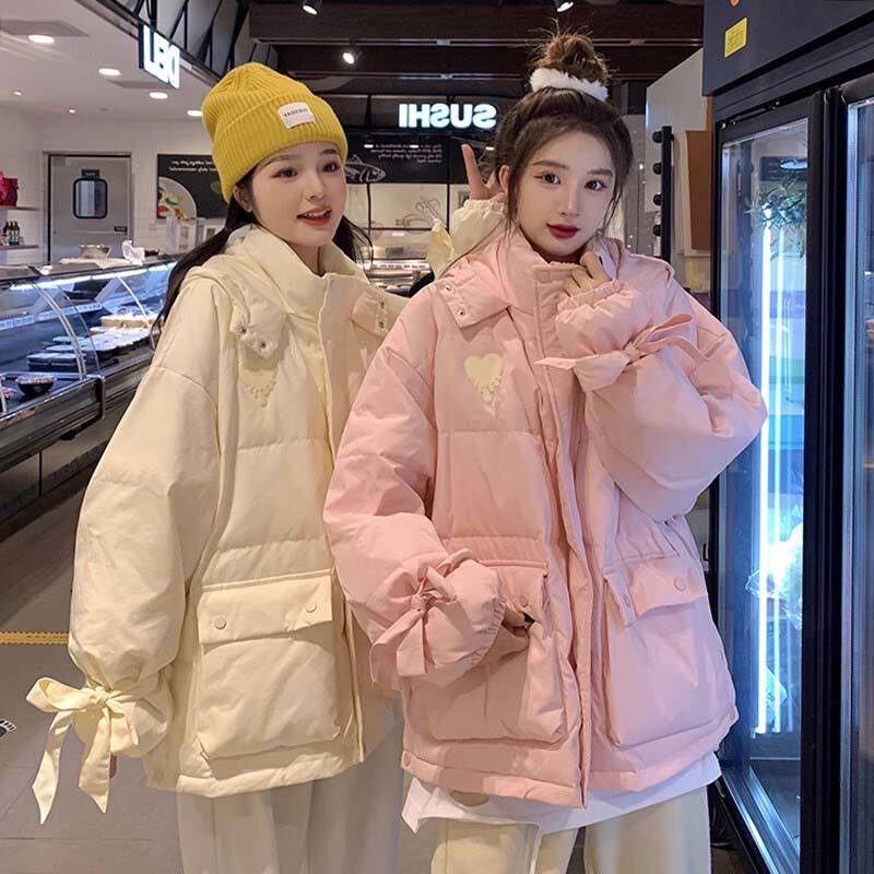 蝴蝶结立领连帽面包服棉衣棉服女冬季外套加绒加厚宽松棉袄ins潮
