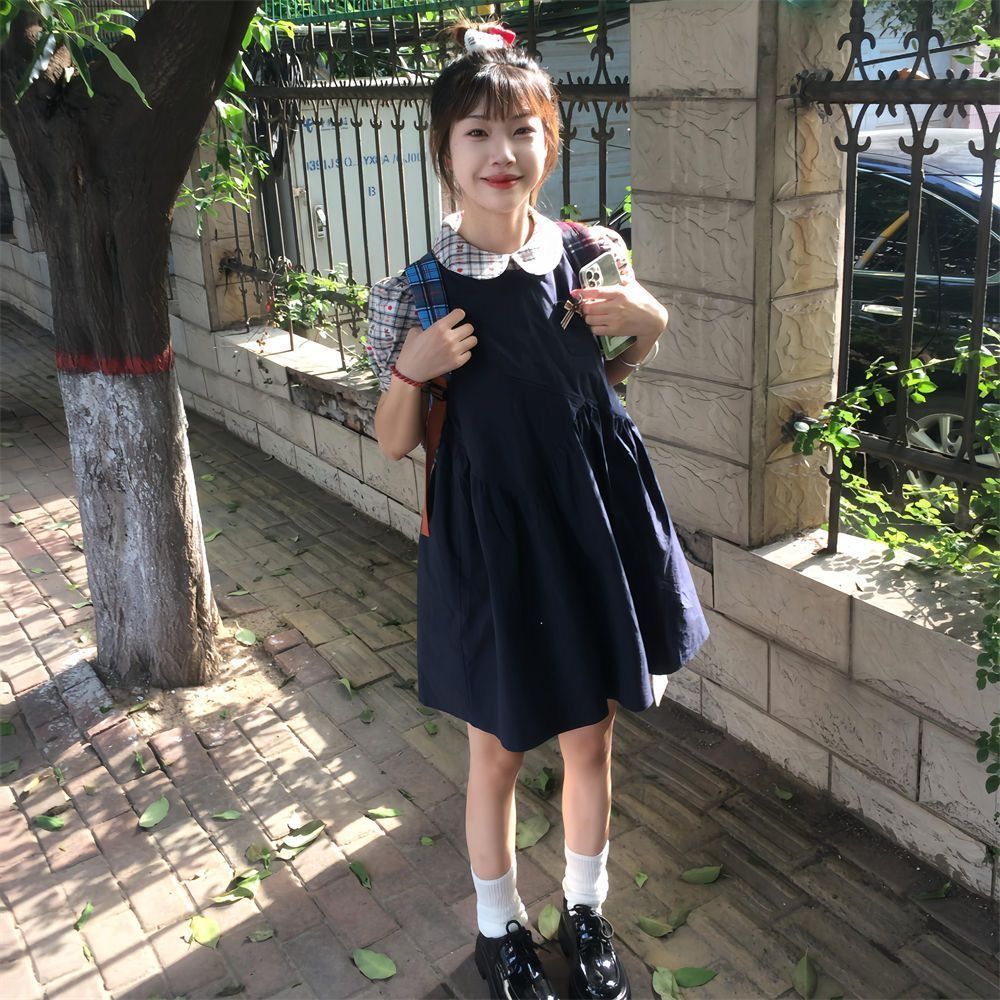 可爱小个子娃娃领假两件格纹拼接连衣裙女学生夏季宽松显瘦a字裙