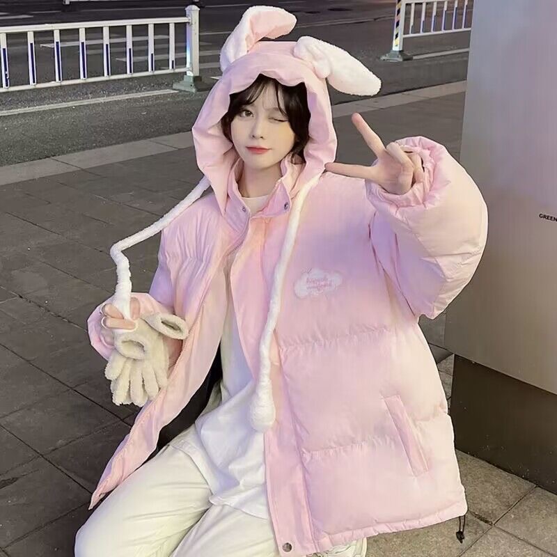 闺蜜棉袄可爱会动兔耳朵设计感小众连帽棉衣加厚面包服外套ins潮