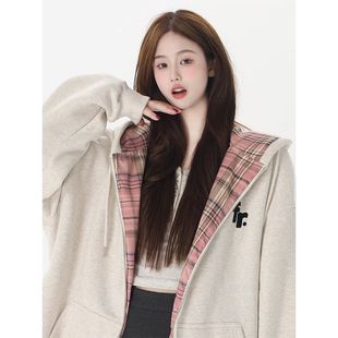 这件好好搭!!!【格子拼接】韩系校园风连帽卫衣女INS韩版开衫外套