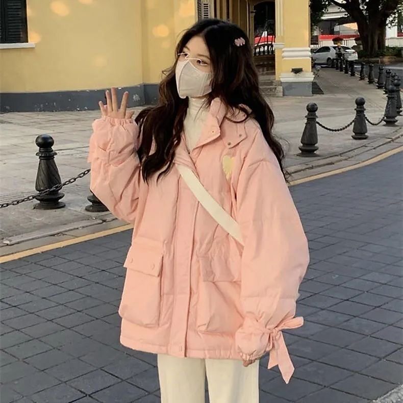 奶呼呼棉衣立领连帽棉服女冬季新款宽松小个子学生爱心刺绣面包服