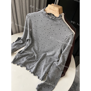 韩系植绒波点木耳边打底衫 打底T恤女 半高领正肩抓绒磨毛保暖长袖