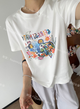 夏季减龄趣味涂鸦印花T恤圆领短袖棉质白色正肩宽松百搭上衣女