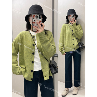 外套女 宽松休闲慵懒毛衣开衫 秋冬绿色花纱针织衫 圆领单排扣插肩袖