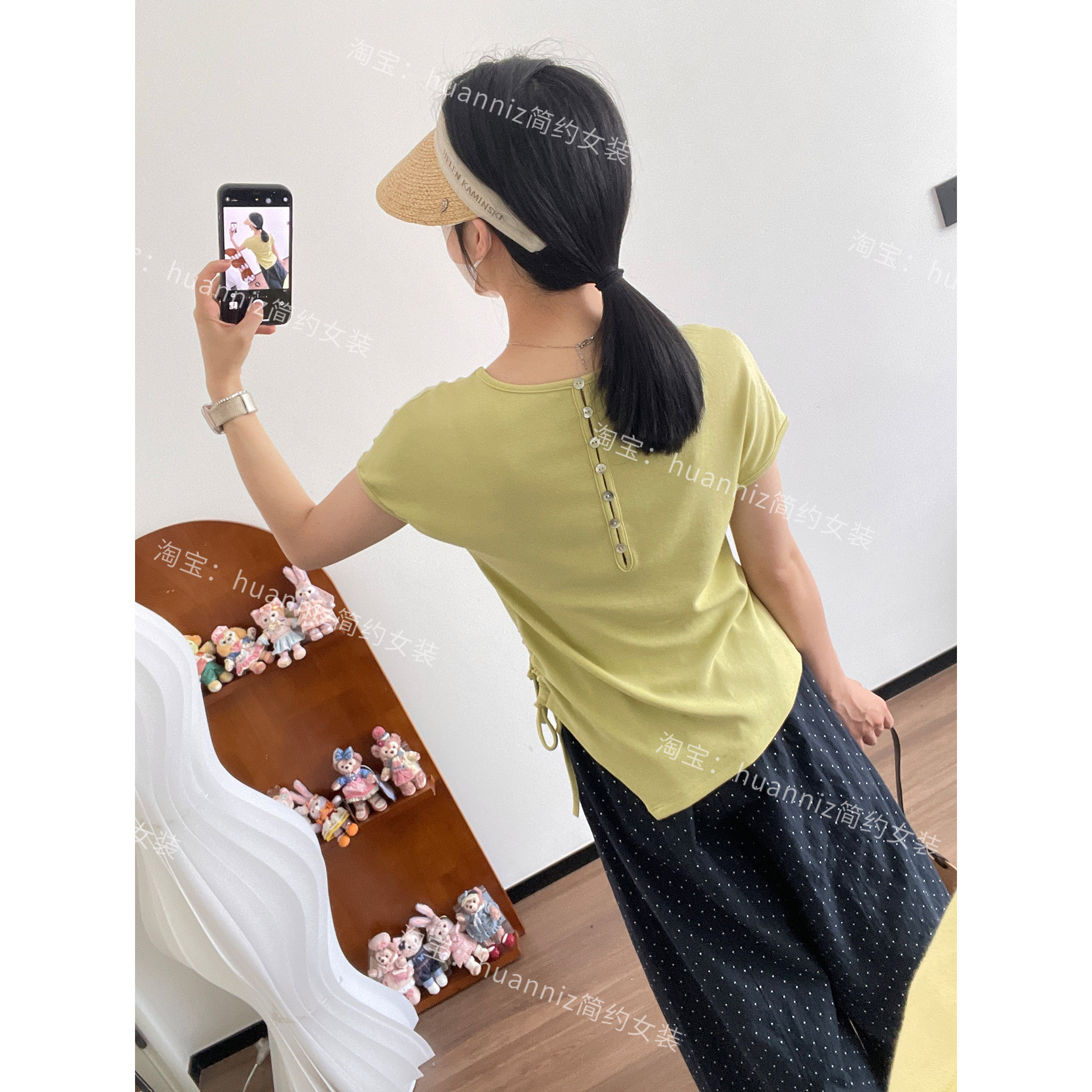 小众别致后背贝壳扣V领侧抽绳收腰T恤不规则开叉V领上衣夏季女