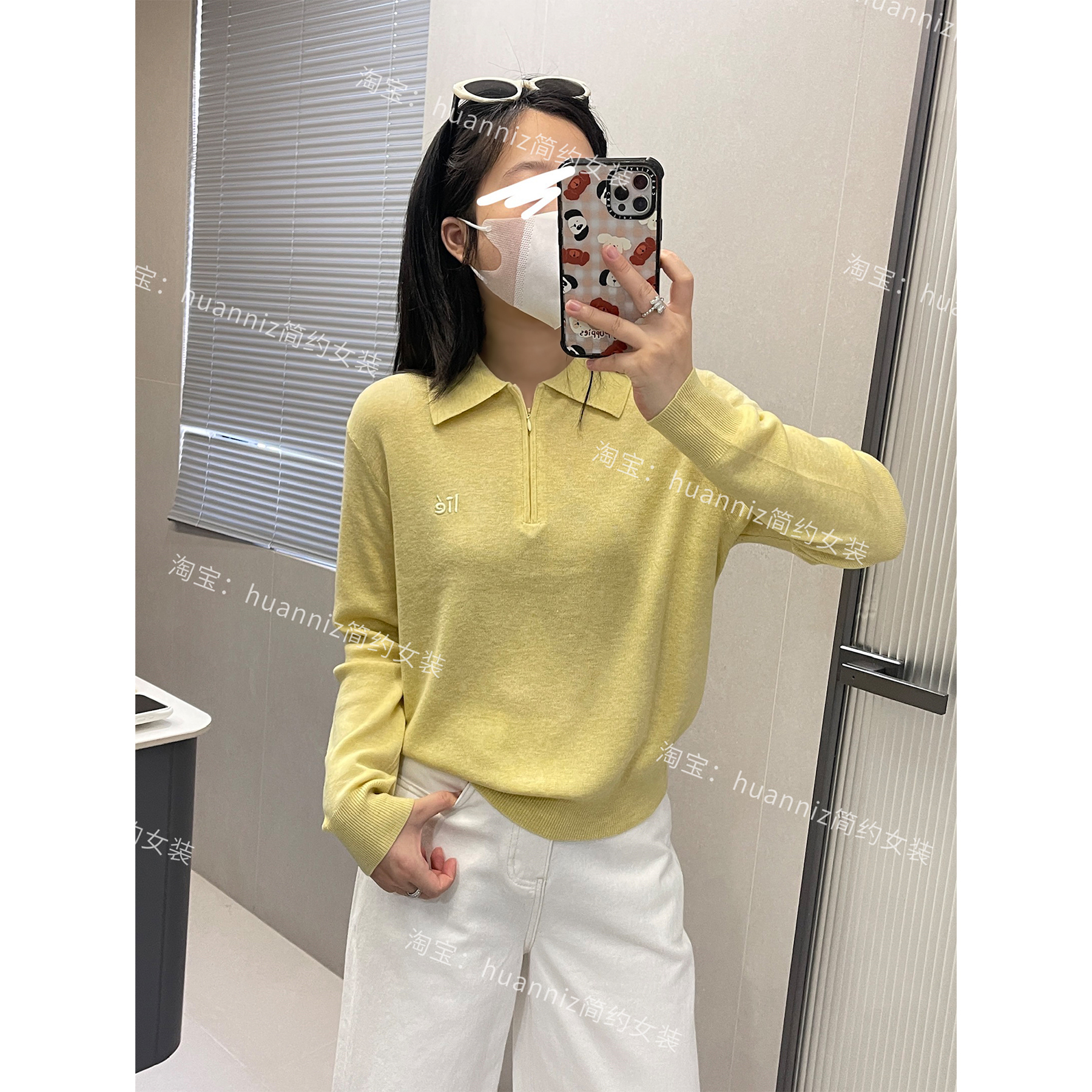 Polo领半拉链小刺绣羊毛针织衫