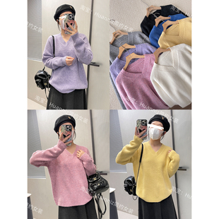 7色厚实慵懒感宽松V领套头毛衣秋冬软糯舒适显瘦针织衫上衣打底女