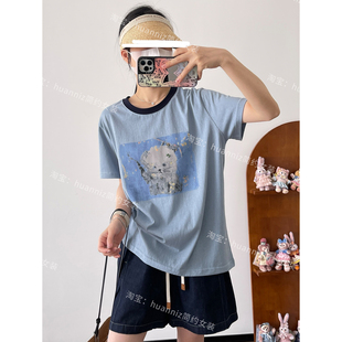 夏季韩版猫咪印花蓝色T恤夏季薄款圆领短袖宽松大版少女上衣体恤