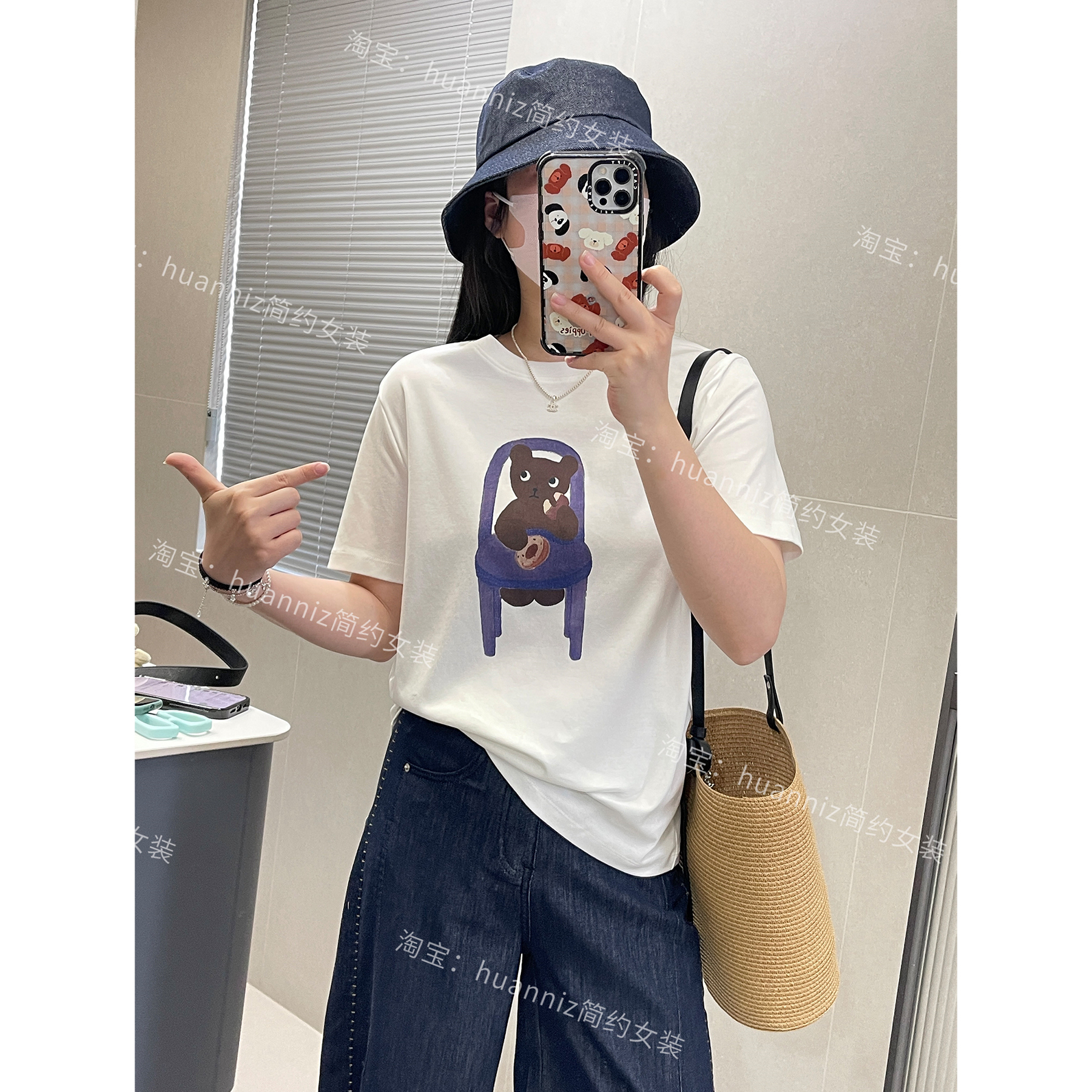 ins风韩系小熊印花水柔棉短袖T恤夏季新款圆领正肩宽松休闲上衣女