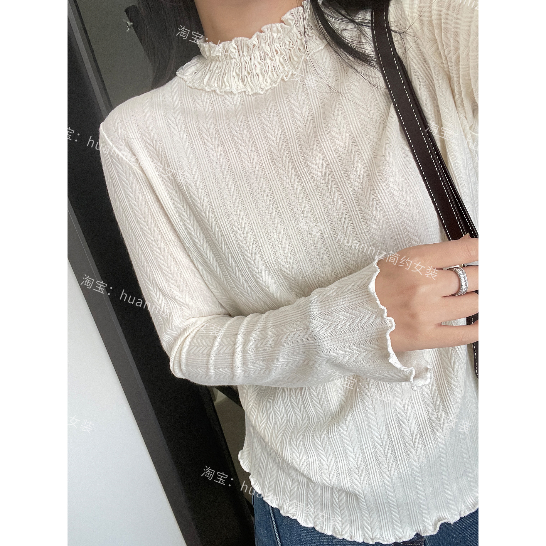 秋冬甜美麦穗肌理感蕾丝花边拼接小立领T恤正肩长袖打底上衣内搭