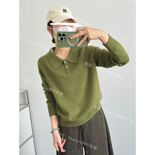 浣熊绒三粒扣翻领polo针织衫女秋季新款宽松软糯套头毛衣打底衫