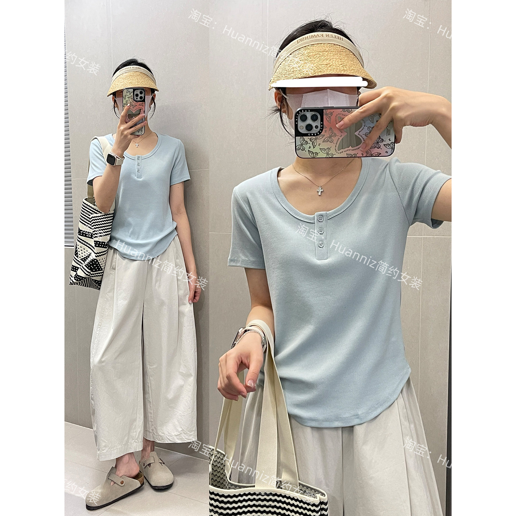 露锁骨大圆领正肩T恤小蛮腰显瘦门襟纽扣亨利T短袖螺纹棉上衣女