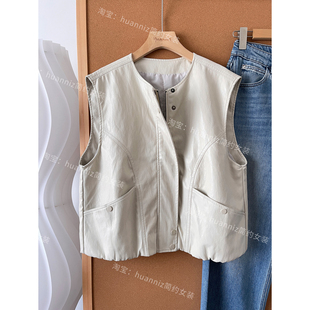 皮衣马甲大口袋无袖 酷帅圆领工装 柔软pu皮上衣外套女 新款 26春季