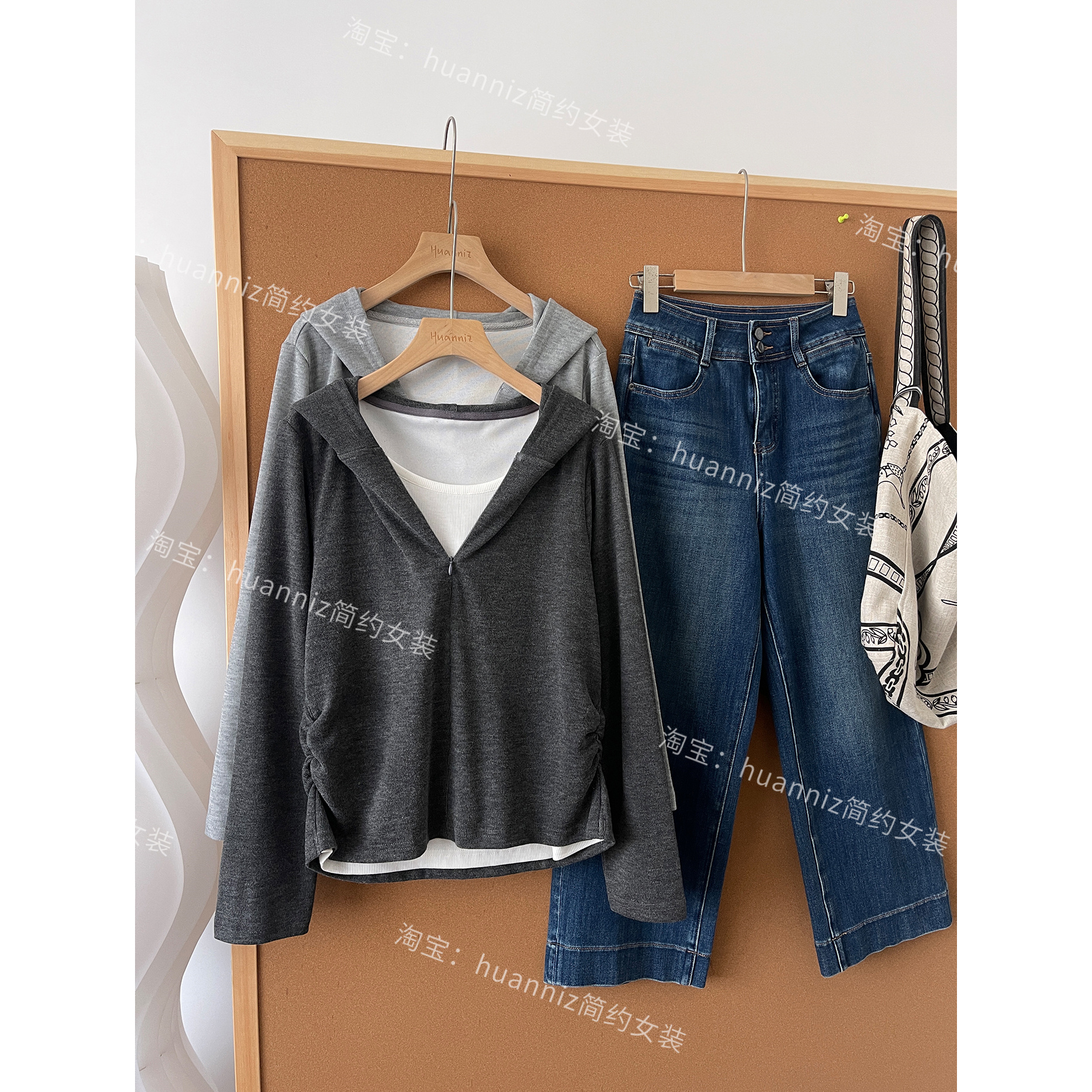 假两件连帽褶皱掐腰显瘦长袖T恤