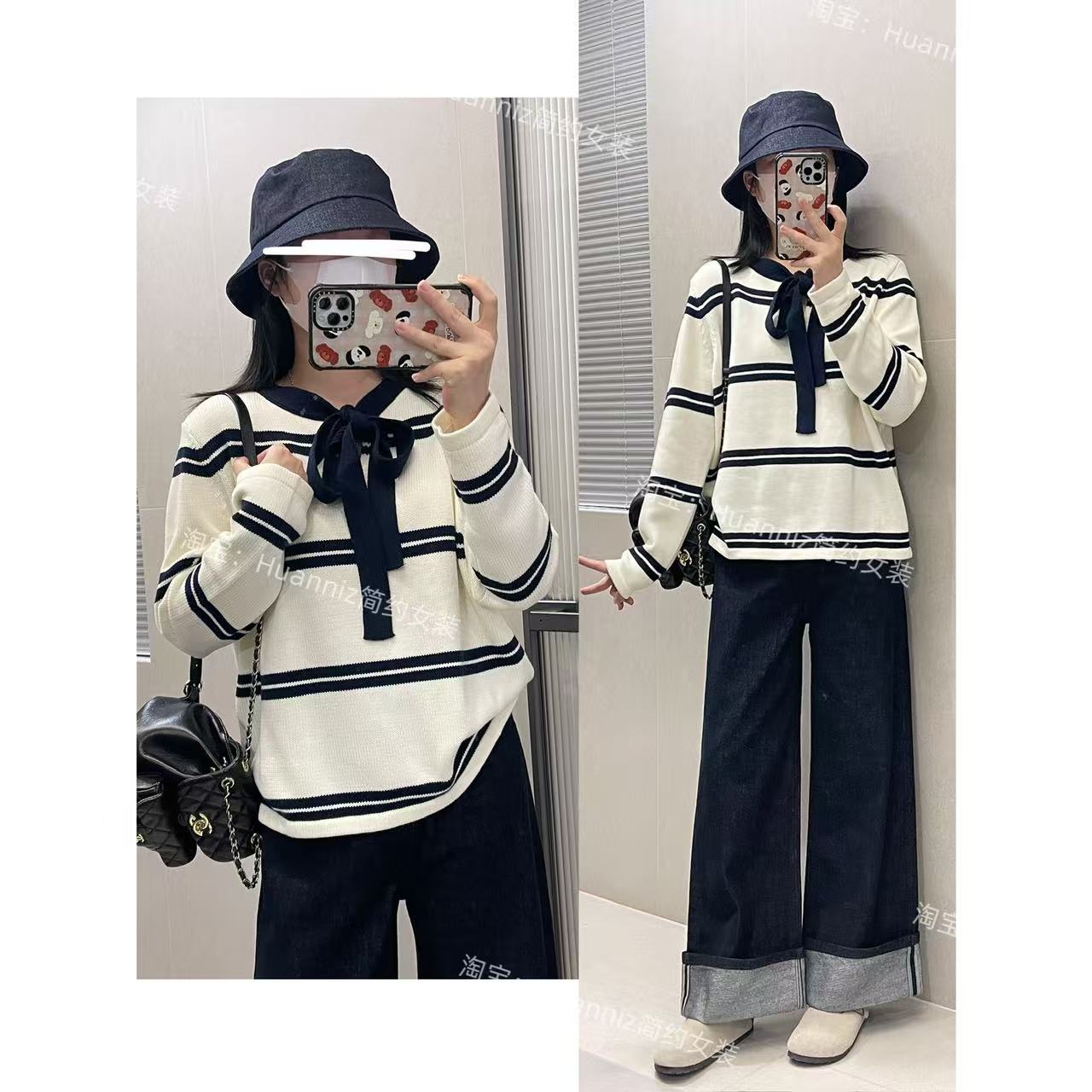 秋冬厚实10羊毛蝴蝶结系带条纹毛衣设计感多种穿法慵懒针织衫上衣