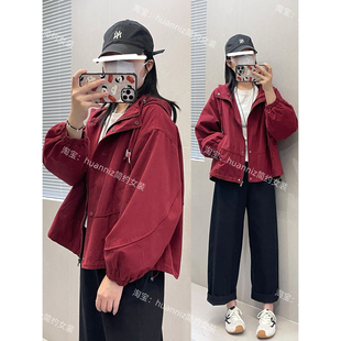 夹克上衣冲锋衣潮 连帽外套女宽松休闲短款 秋装 显白洋气酒红色工装