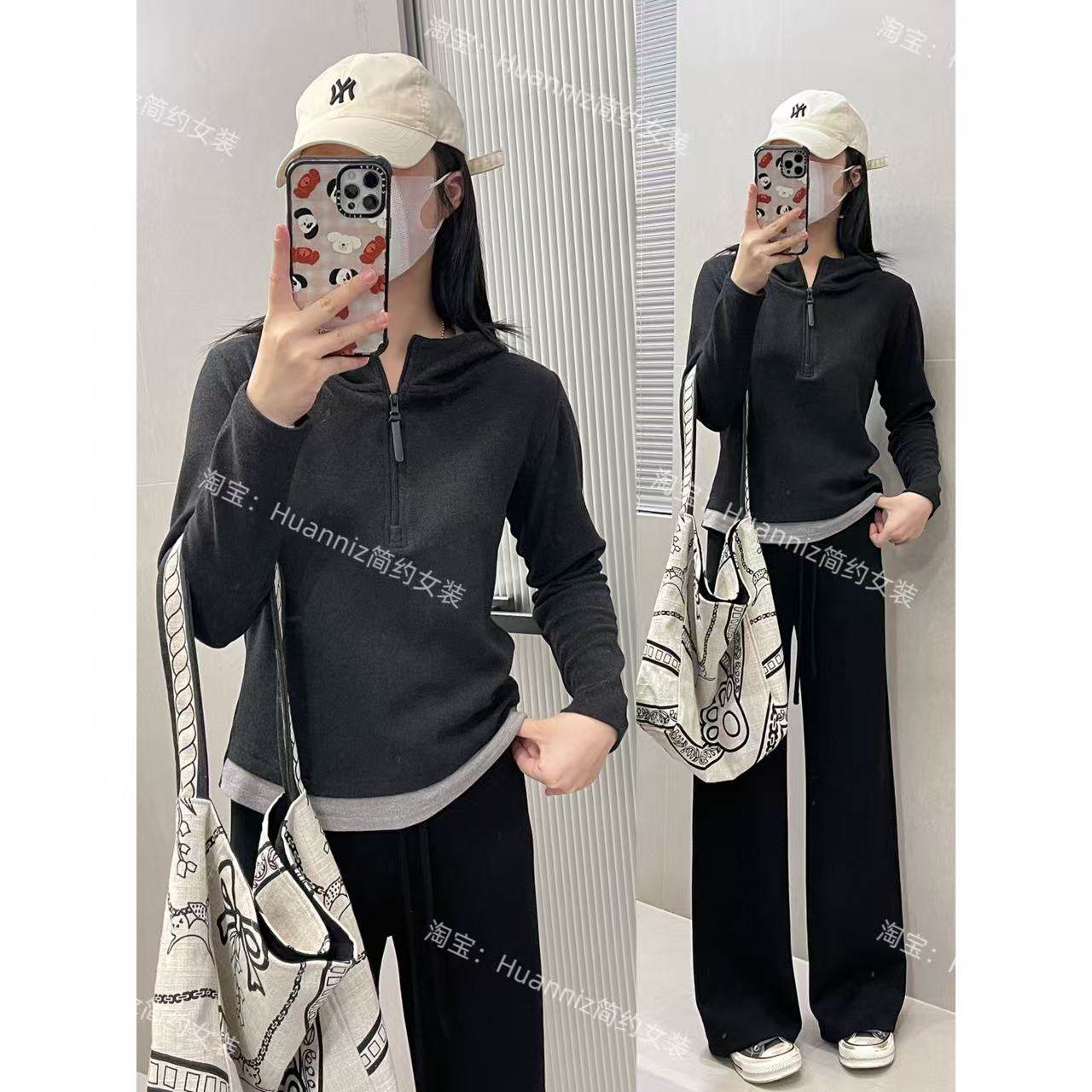 ju显瘦德绒磨毛秋冬拉链连帽假两件卫衣T恤短款小个子上衣打底衫