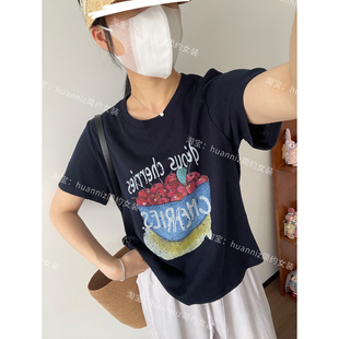 韩系ins手绘风樱桃印花雪花棉T恤女夏季圆领短袖宽松薄款百搭上衣