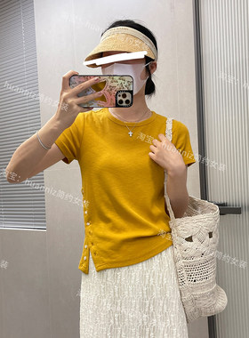 显白黄色T恤夏设计感侧开叉纽扣