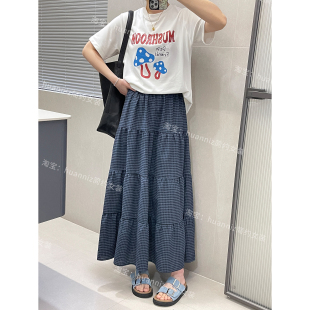 春夏韩系时髦感甜美减龄格子棉麻肌理感长裙松紧腰宽松遮肉半身裙