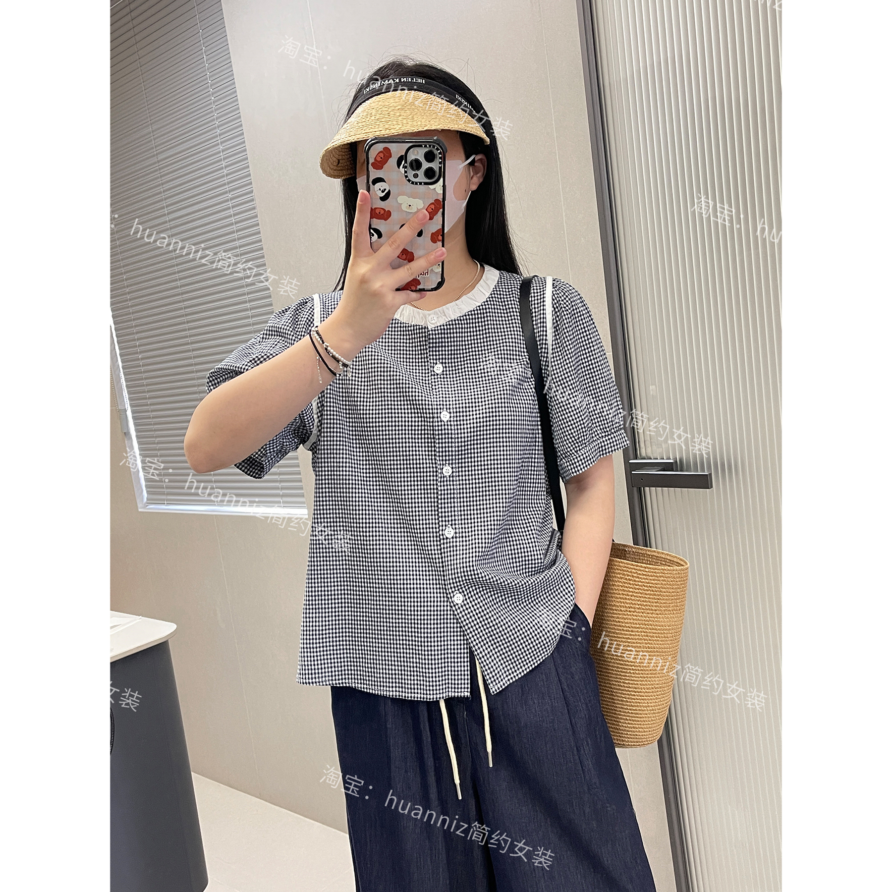 文艺范小格子棉质衬衫夏季