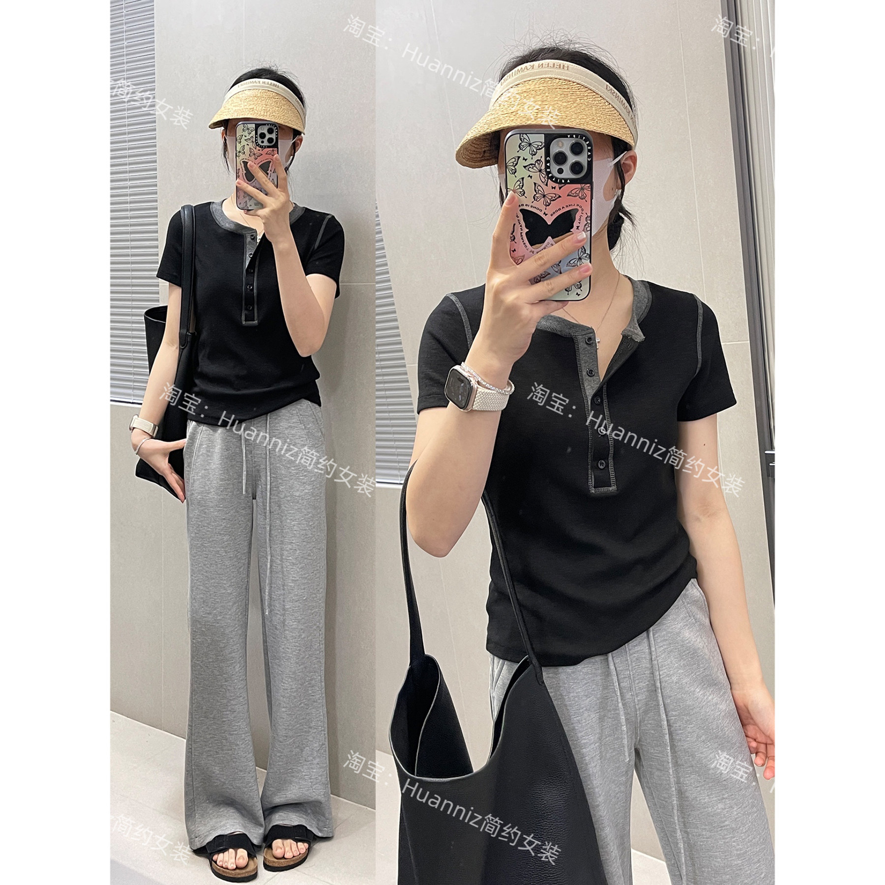 撞色纽扣亨利领竹节优可丝螺纹修身正肩T恤短袖夏季新款气质上衣