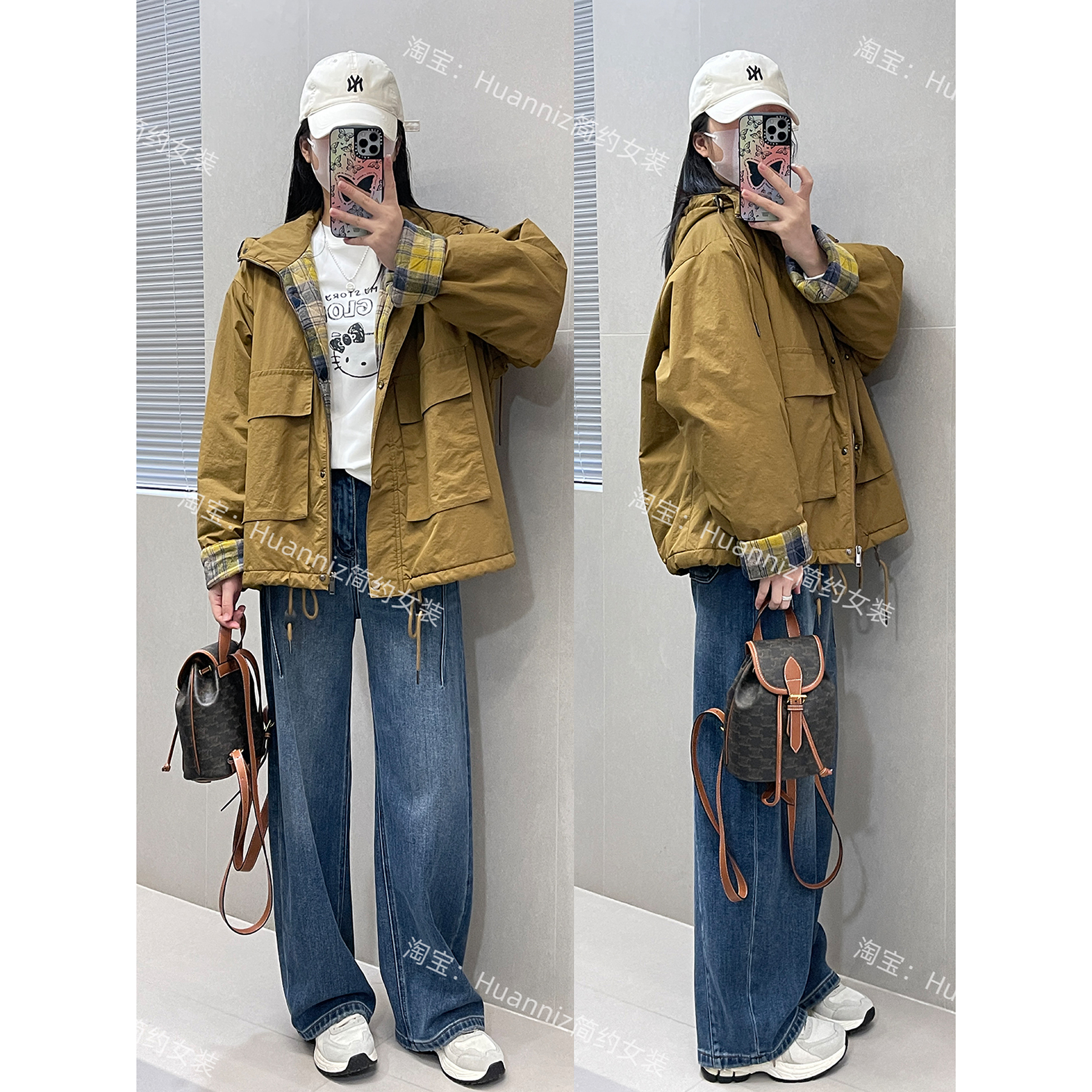 冬季学院风连帽宽松大口袋工装棉衣拼色格子夹棉派克服上衣外套女