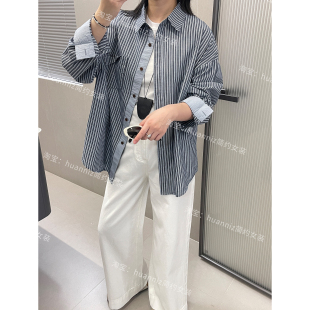 襯衫 25秋季 新款 文藝豎條紋長袖 慵懶翻領薄外套棉質上衣女 寬松大版